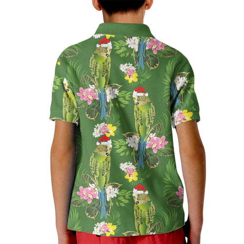 Aussie Santa Budgie Christmas Kid Polo Shirt Green Parakeet Tropical Floral