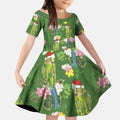 Aussie Santa Budgie Christmas Kid Short Sleeve Dress Green Parakeet Tropical Floral