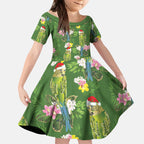 Aussie Santa Budgie Christmas Kid Short Sleeve Dress Green Parakeet Tropical Floral