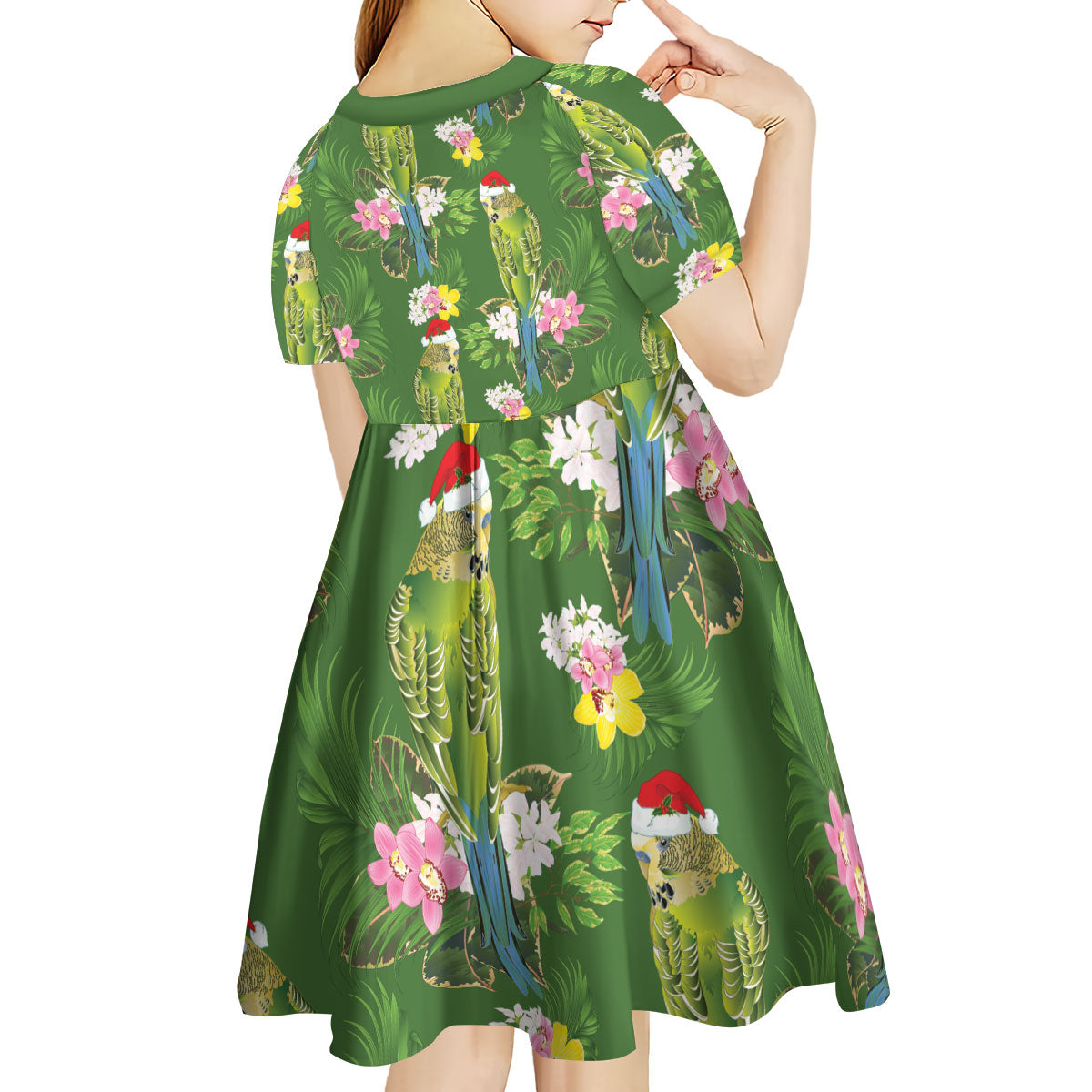 Aussie Santa Budgie Christmas Kid Short Sleeve Dress Green Parakeet Tropical Floral