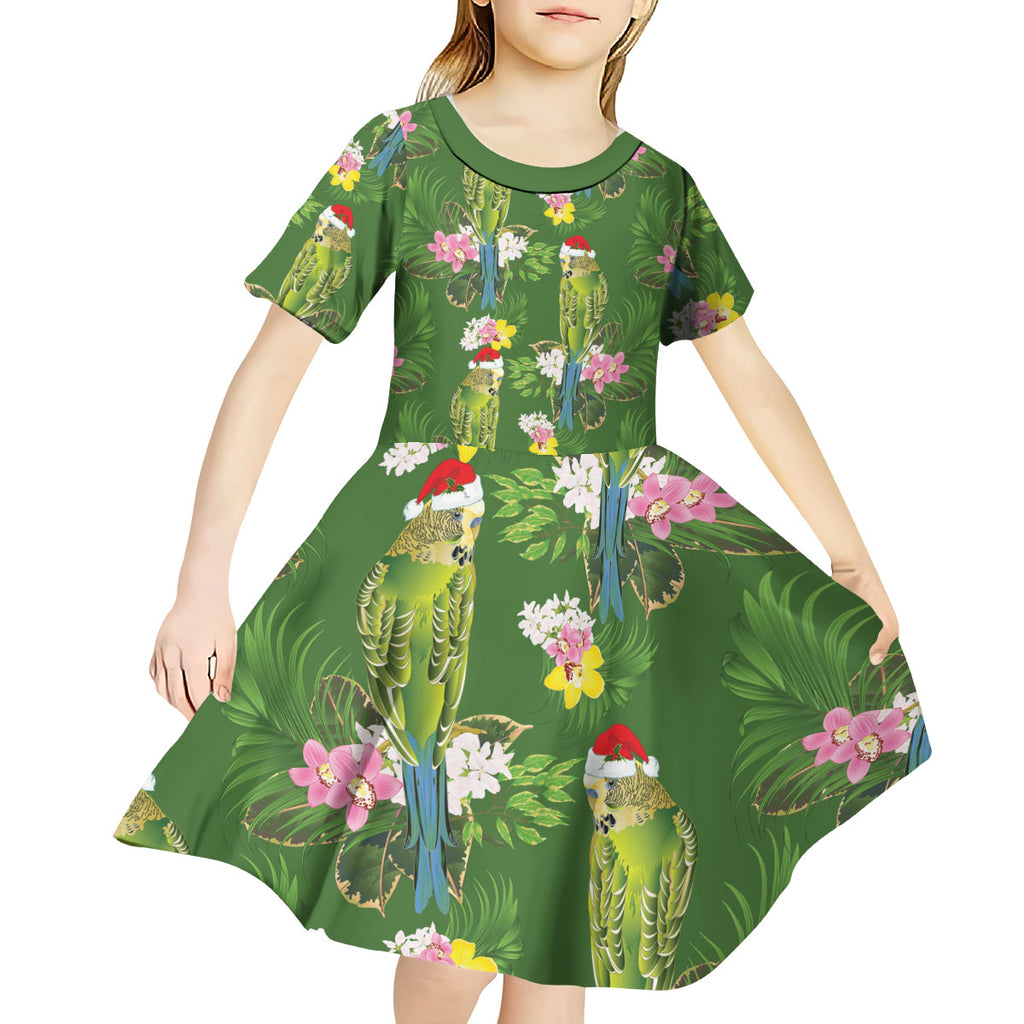Aussie Santa Budgie Christmas Kid Short Sleeve Dress Green Parakeet Tropical Floral