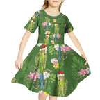 Aussie Santa Budgie Christmas Kid Short Sleeve Dress Green Parakeet Tropical Floral