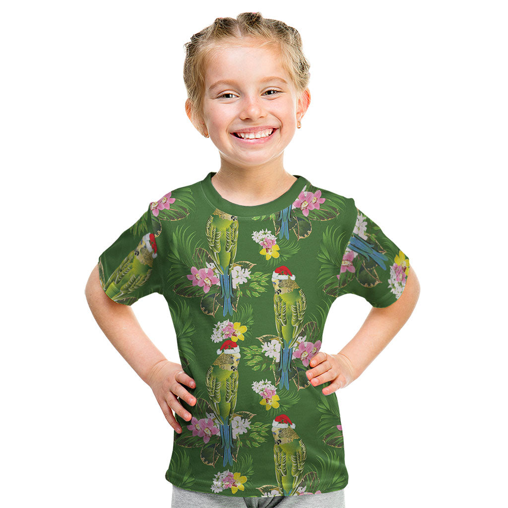 Aussie Santa Budgie Christmas Kid T Shirt Green Parakeet Tropical Floral