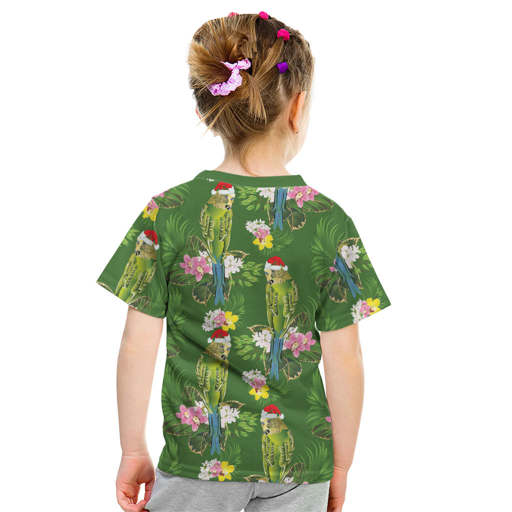 Aussie Santa Budgie Christmas Kid T Shirt Green Parakeet Tropical Floral