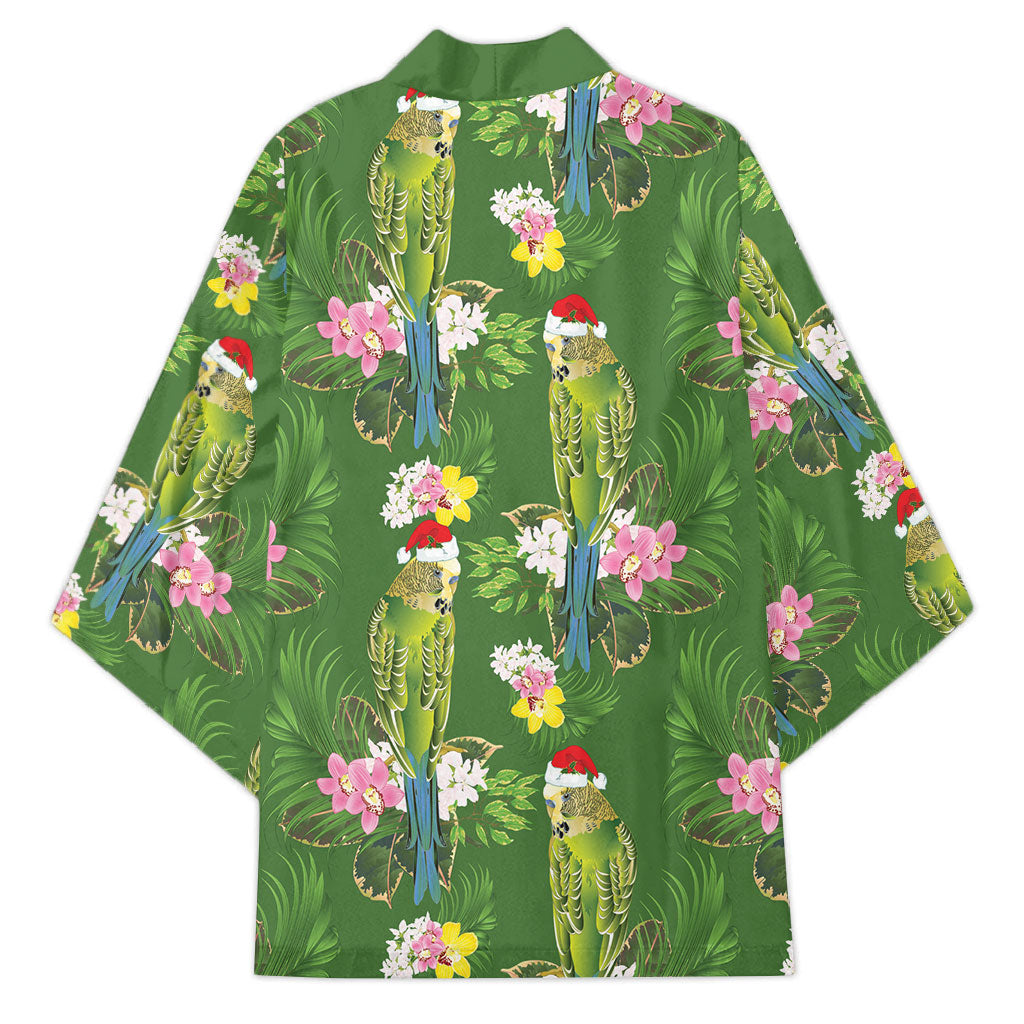 Aussie Santa Budgie Christmas Kimono Green Parakeet Tropical Floral