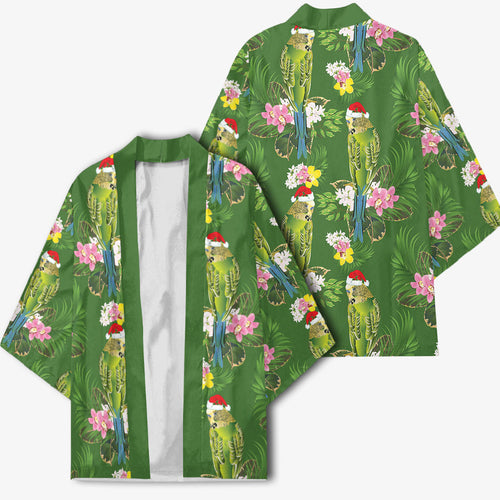 Aussie Santa Budgie Christmas Kimono Green Parakeet Tropical Floral