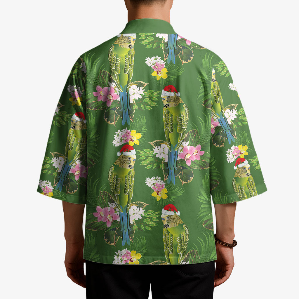 Aussie Santa Budgie Christmas Kimono Green Parakeet Tropical Floral