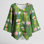 Aussie Santa Budgie Christmas Kimono Sleeve Blouse Green Parakeet Tropical Floral