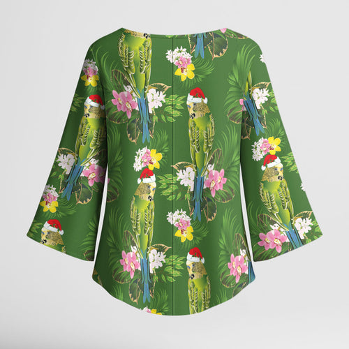 Aussie Santa Budgie Christmas Kimono Sleeve Blouse Green Parakeet Tropical Floral