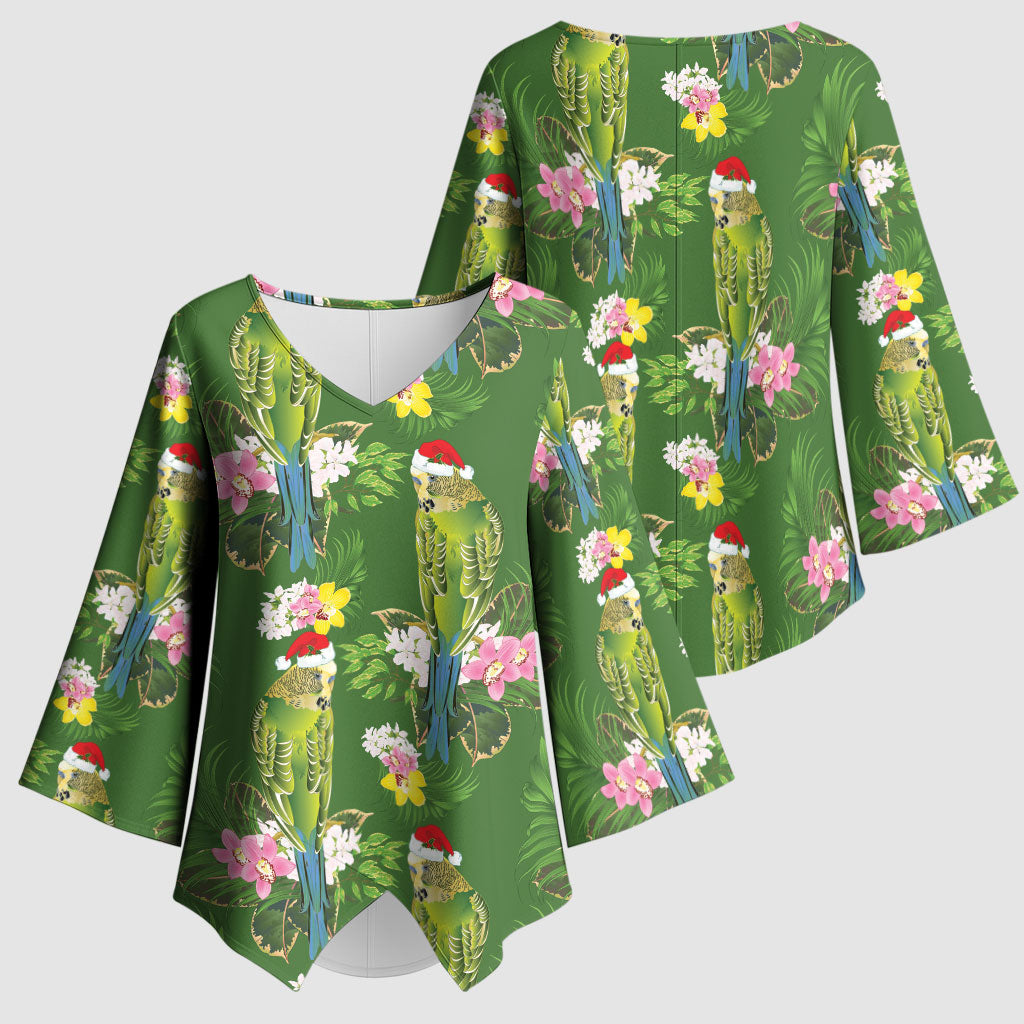 Aussie Santa Budgie Christmas Kimono Sleeve Blouse Green Parakeet Tropical Floral