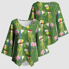 Aussie Santa Budgie Christmas Kimono Sleeve Blouse Green Parakeet Tropical Floral