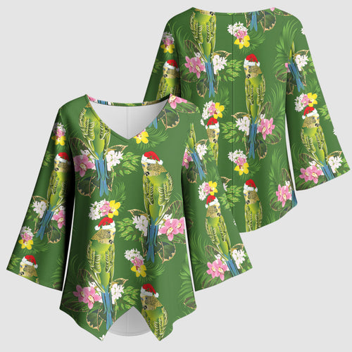 Aussie Santa Budgie Christmas Kimono Sleeve Blouse Green Parakeet Tropical Floral