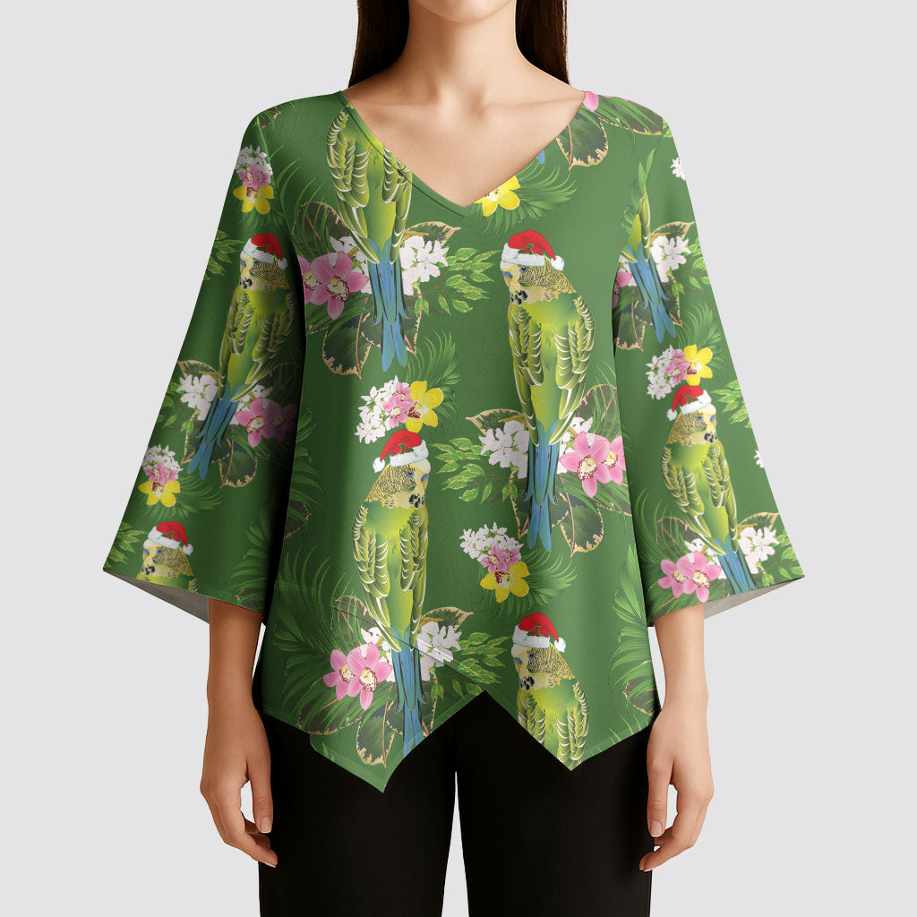 Aussie Santa Budgie Christmas Kimono Sleeve Blouse Green Parakeet Tropical Floral