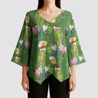 Aussie Santa Budgie Christmas Kimono Sleeve Blouse Green Parakeet Tropical Floral