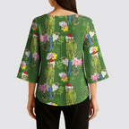 Aussie Santa Budgie Christmas Kimono Sleeve Blouse Green Parakeet Tropical Floral