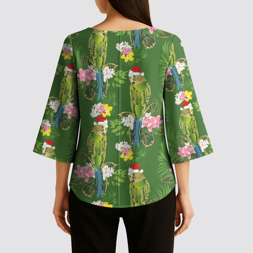 Aussie Santa Budgie Christmas Kimono Sleeve Blouse Green Parakeet Tropical Floral