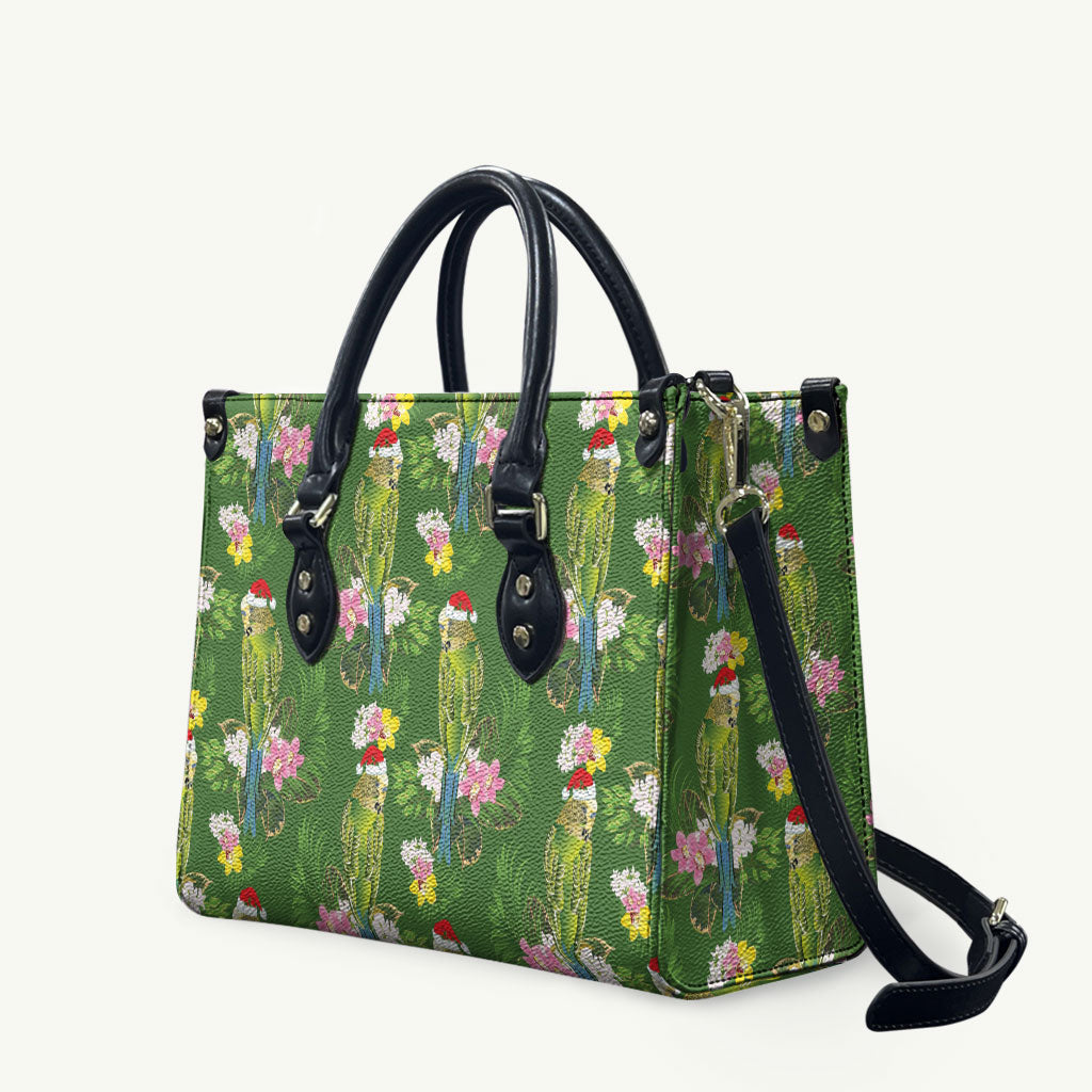 Aussie Santa Budgie Christmas Leather Bag Green Parakeet Tropical Floral