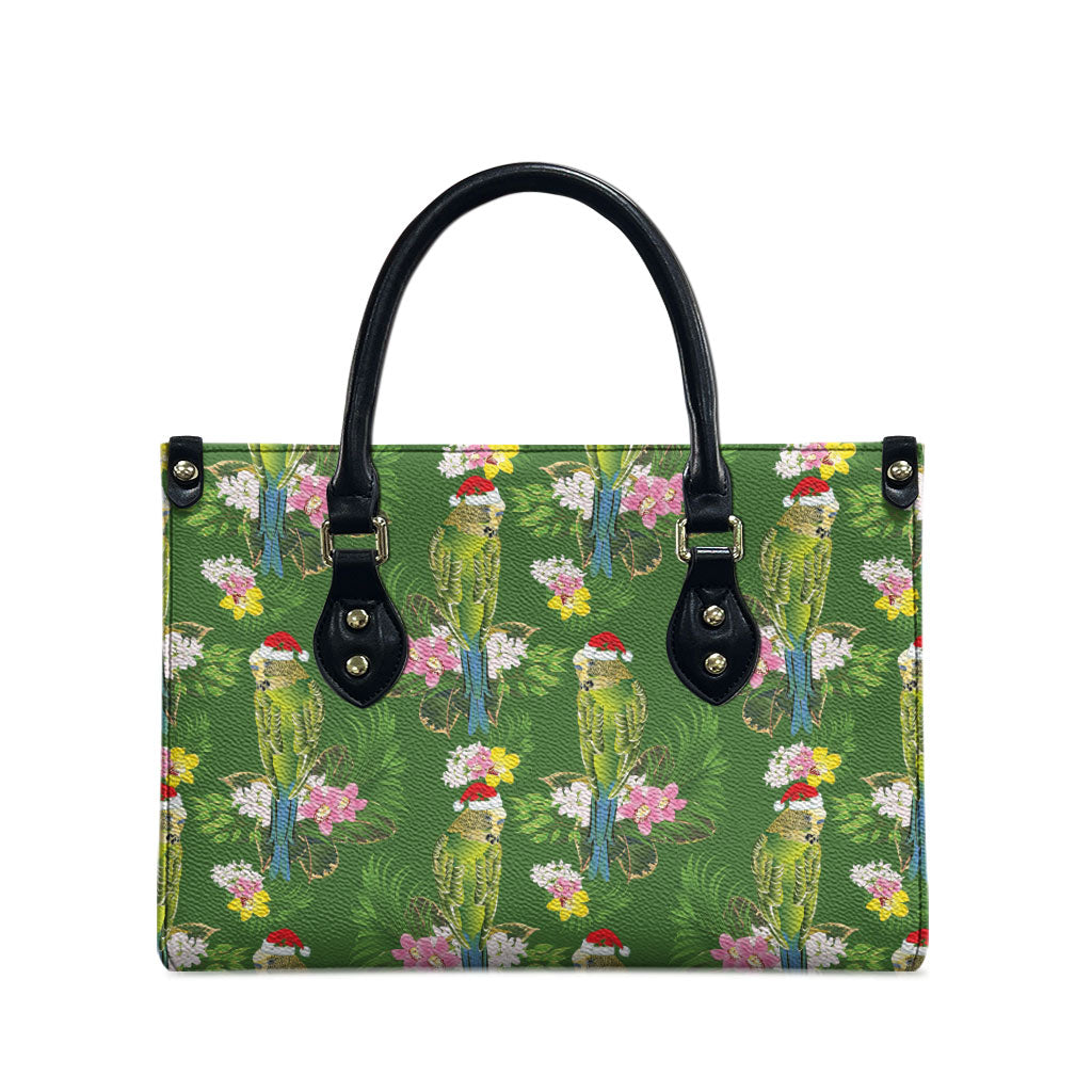 Aussie Santa Budgie Christmas Leather Bag Green Parakeet Tropical Floral