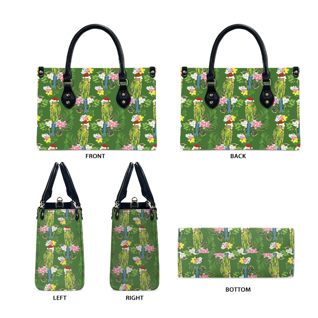 Aussie Santa Budgie Christmas Leather Bag Green Parakeet Tropical Floral