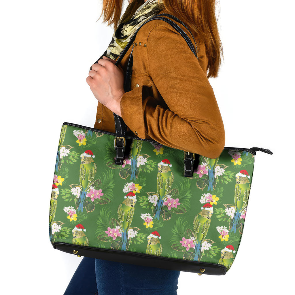 Aussie Santa Budgie Christmas Leather Tote Bag Green Parakeet Tropical Floral