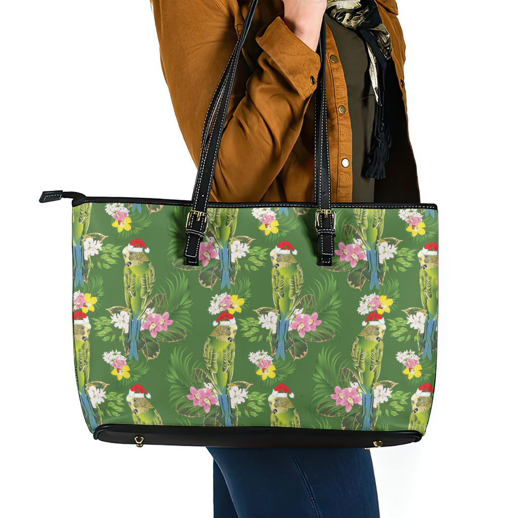 Aussie Santa Budgie Christmas Leather Tote Bag Green Parakeet Tropical Floral