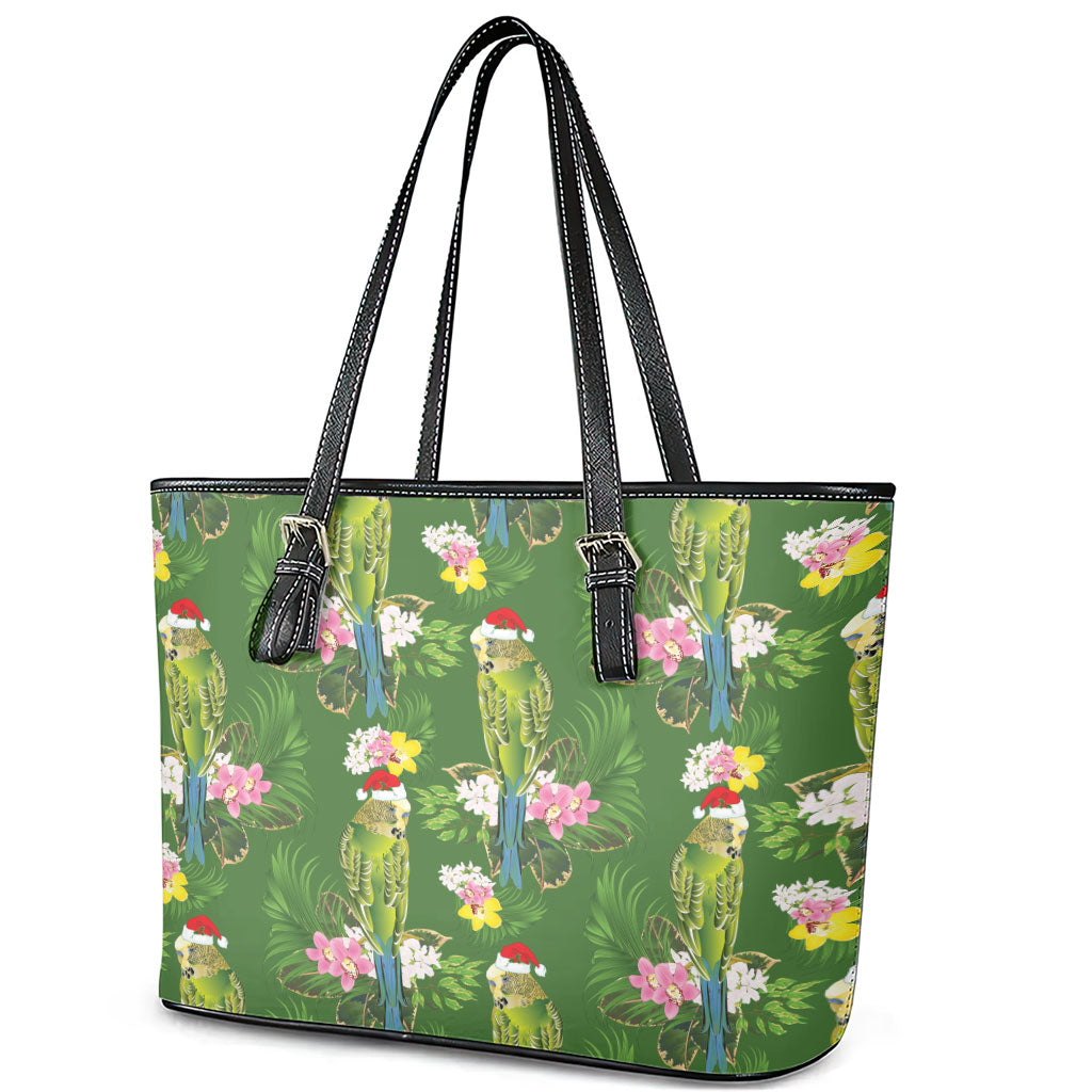 Aussie Santa Budgie Christmas Leather Tote Bag Green Parakeet Tropical Floral