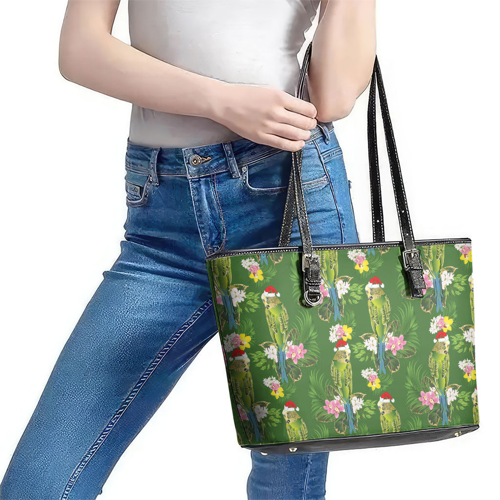 Aussie Santa Budgie Christmas Leather Tote Bag Green Parakeet Tropical Floral