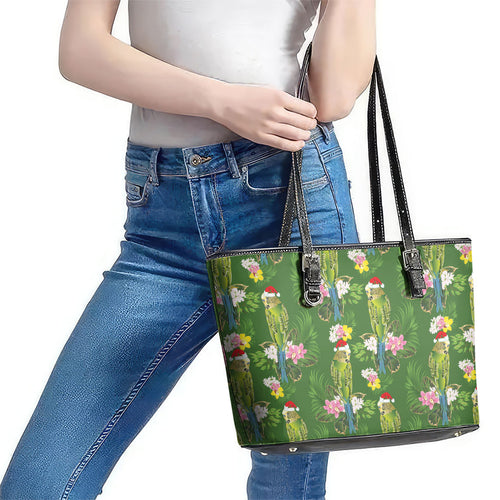 Aussie Santa Budgie Christmas Leather Tote Bag Green Parakeet Tropical Floral