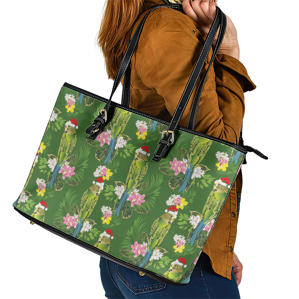 Aussie Santa Budgie Christmas Leather Tote Bag Green Parakeet Tropical Floral