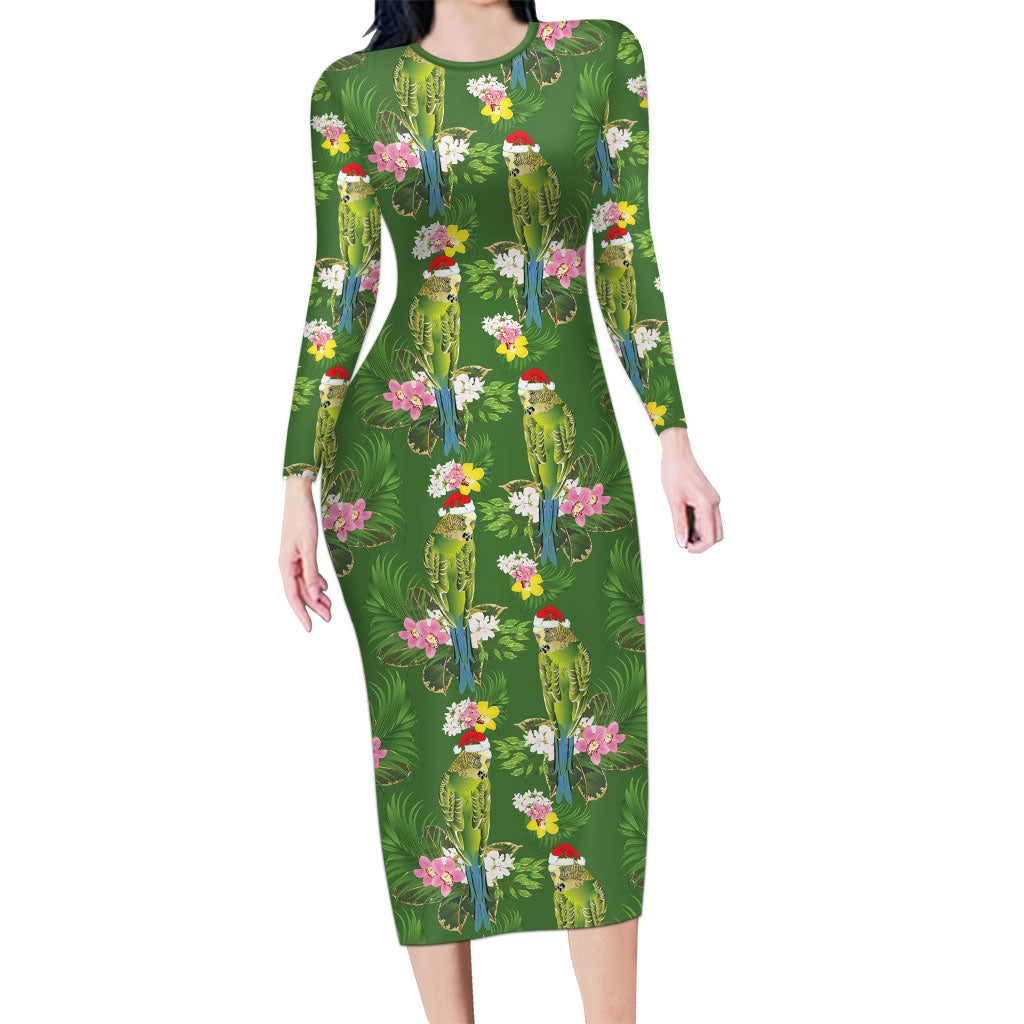Aussie Santa Budgie Christmas Long Sleeve Bodycon Dress Green Parakeet Tropical Floral
