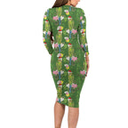 Aussie Santa Budgie Christmas Long Sleeve Bodycon Dress Green Parakeet Tropical Floral