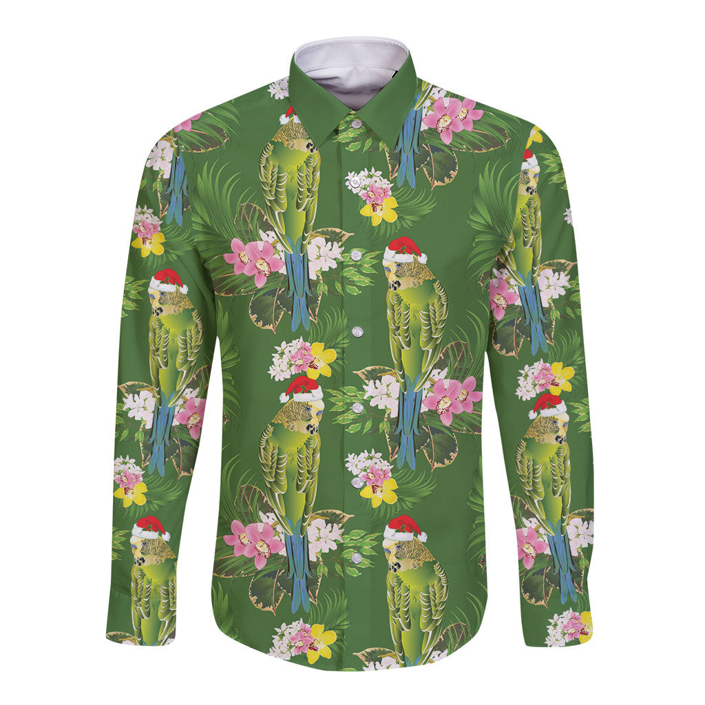 Aussie Santa Budgie Christmas Long Sleeve Button Shirt Green Parakeet Tropical Floral