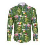 Aussie Santa Budgie Christmas Long Sleeve Button Shirt Green Parakeet Tropical Floral