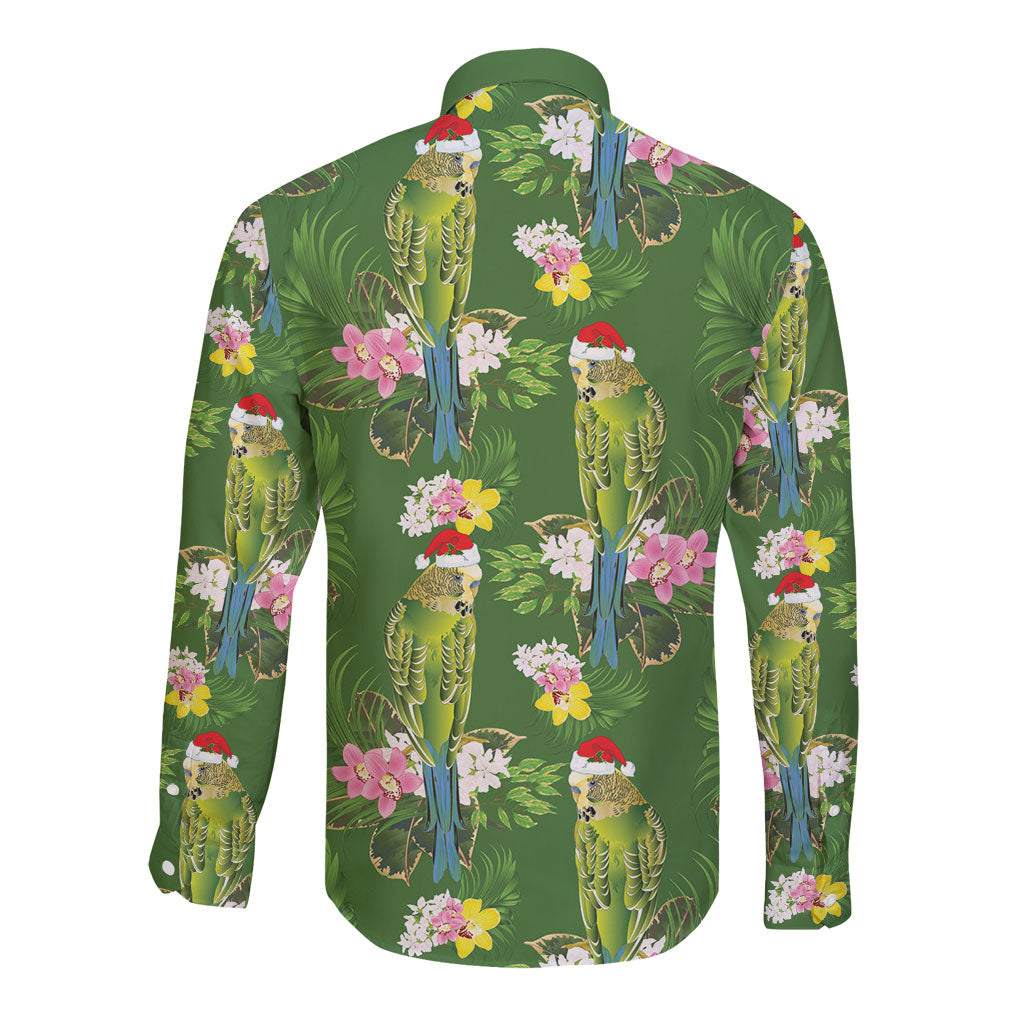 Aussie Santa Budgie Christmas Long Sleeve Button Shirt Green Parakeet Tropical Floral