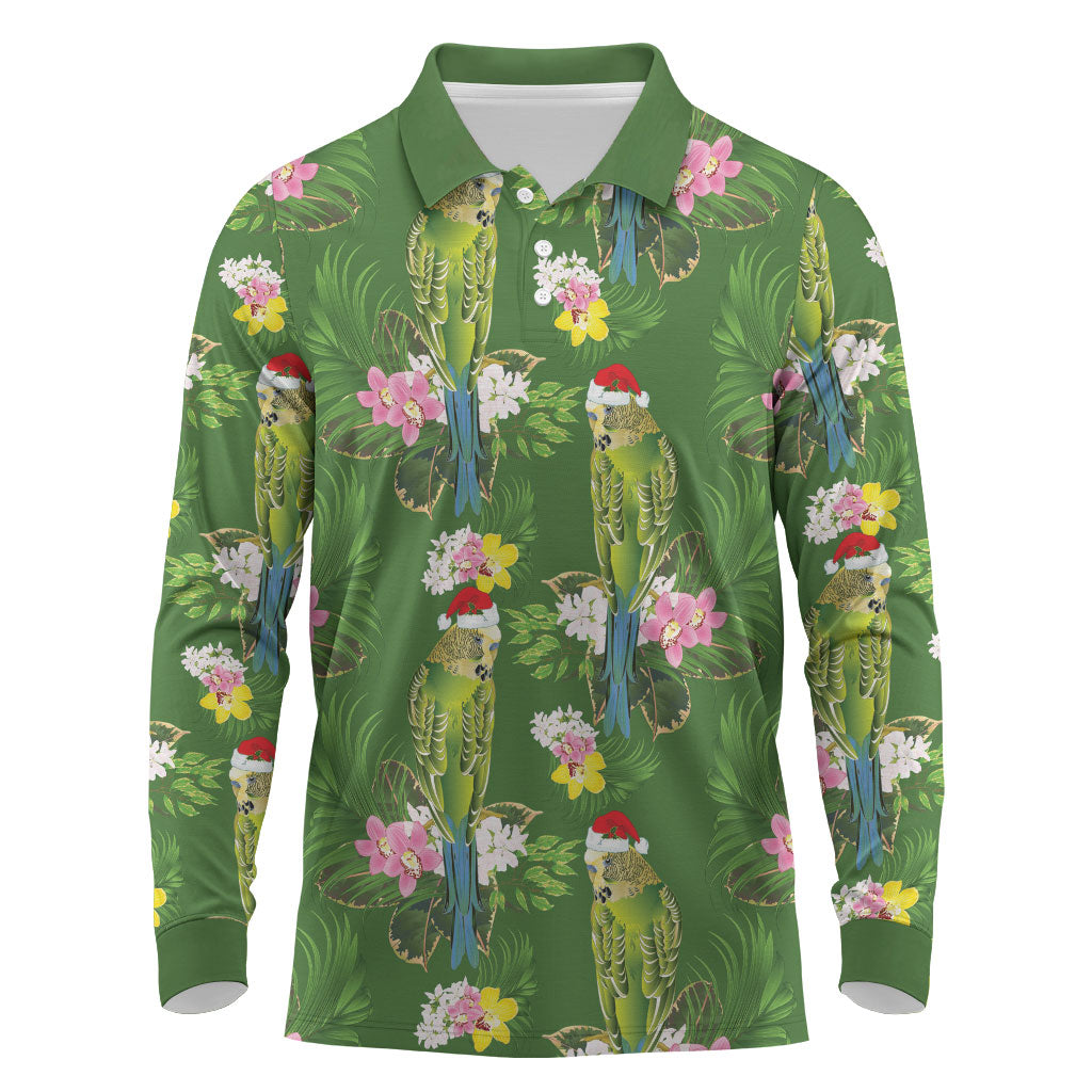 Aussie Santa Budgie Christmas Long Sleeve Polo Shirt Green Parakeet Tropical Floral