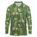 Aussie Santa Budgie Christmas Long Sleeve Polo Shirt Green Parakeet Tropical Floral