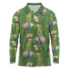 Aussie Santa Budgie Christmas Long Sleeve Polo Shirt Green Parakeet Tropical Floral