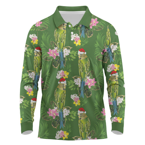 Aussie Santa Budgie Christmas Long Sleeve Polo Shirt Green Parakeet Tropical Floral