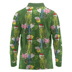 Aussie Santa Budgie Christmas Long Sleeve Polo Shirt Green Parakeet Tropical Floral