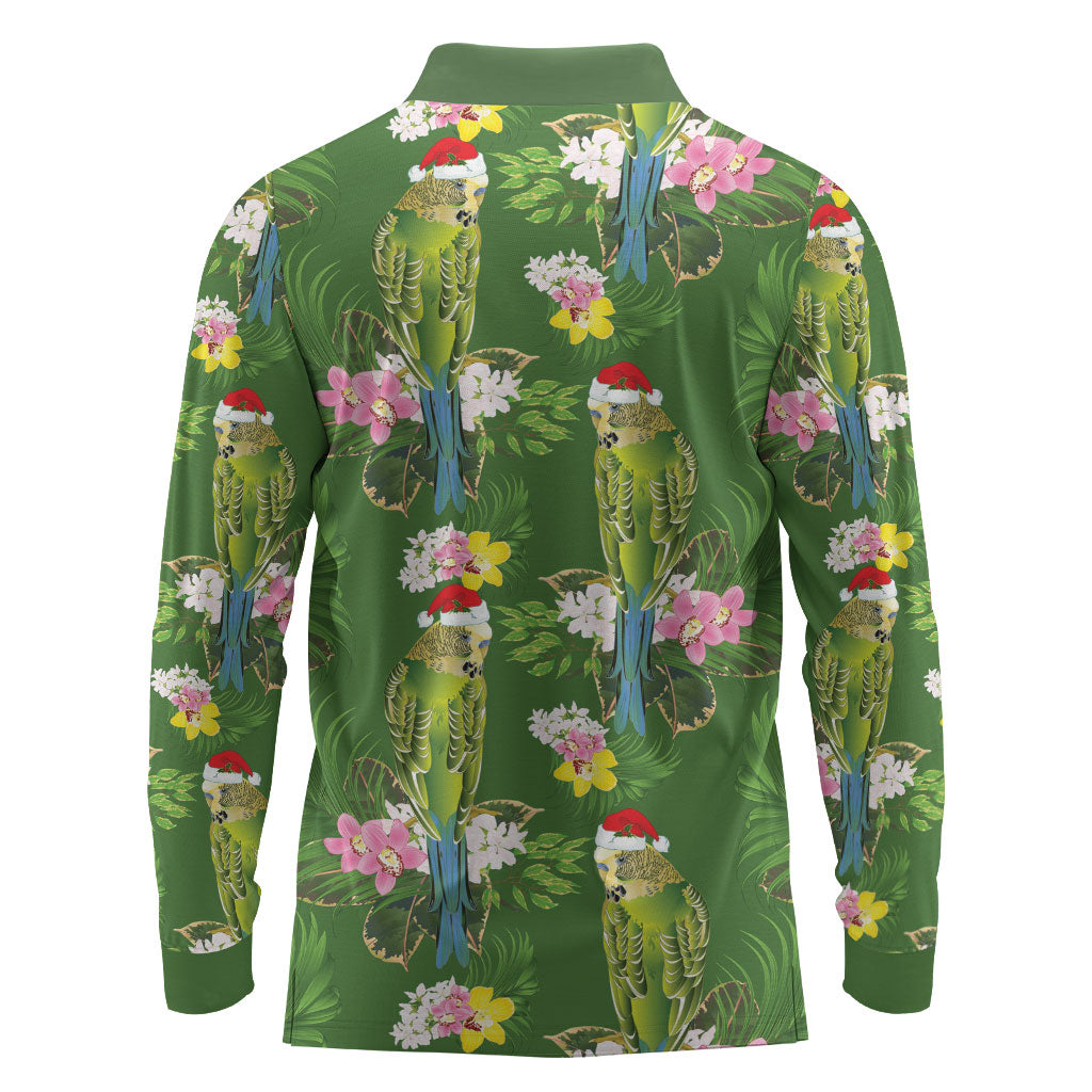 Aussie Santa Budgie Christmas Long Sleeve Polo Shirt Green Parakeet Tropical Floral