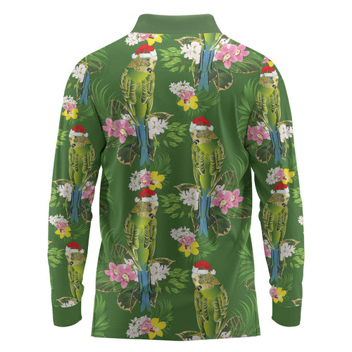 Aussie Santa Budgie Christmas Long Sleeve Polo Shirt Green Parakeet Tropical Floral