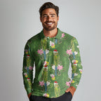 Aussie Santa Budgie Christmas Long Sleeve Polo Shirt Green Parakeet Tropical Floral
