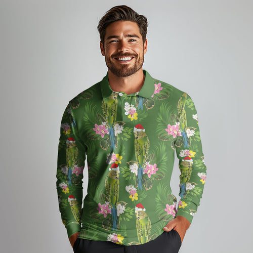 Aussie Santa Budgie Christmas Long Sleeve Polo Shirt Green Parakeet Tropical Floral