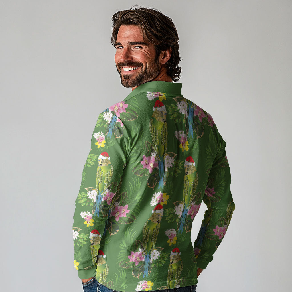Aussie Santa Budgie Christmas Long Sleeve Polo Shirt Green Parakeet Tropical Floral
