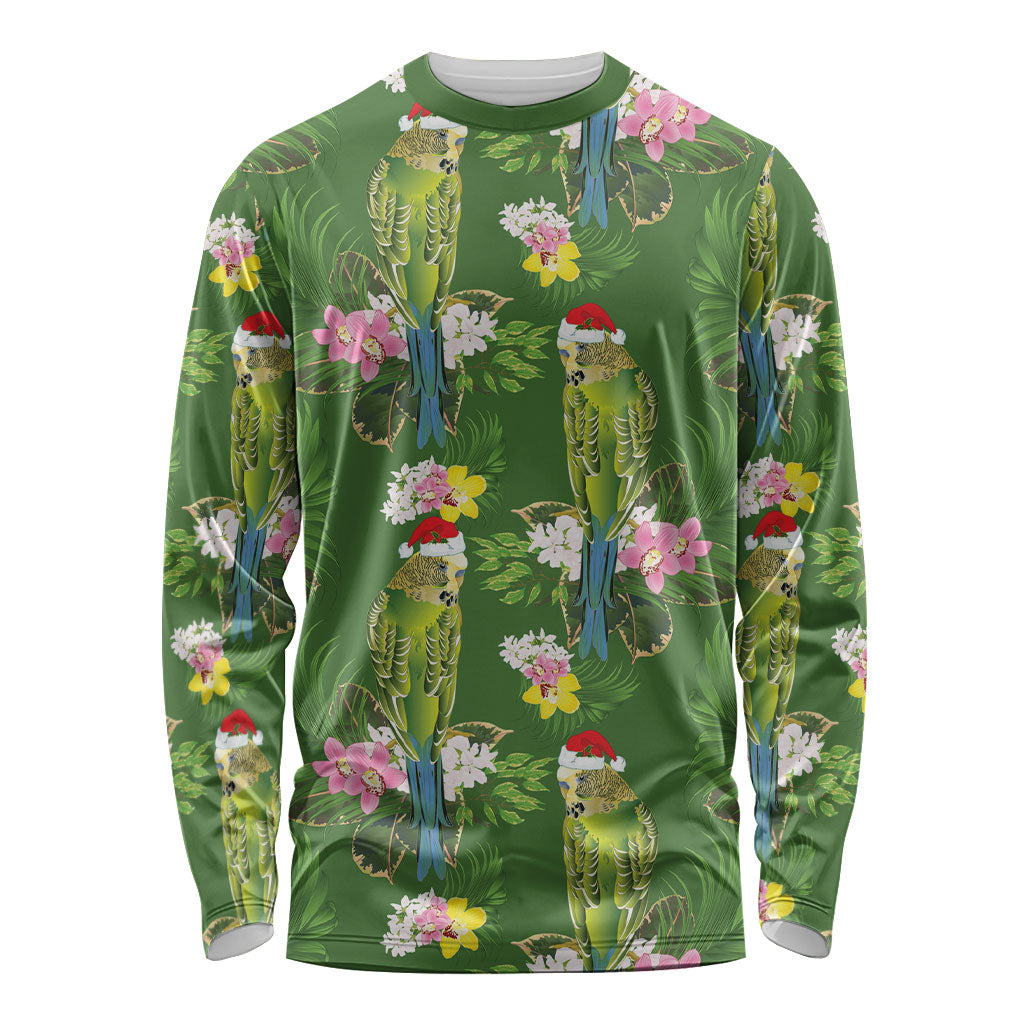 Aussie Santa Budgie Christmas Long Sleeve Shirt Green Parakeet Tropical Floral