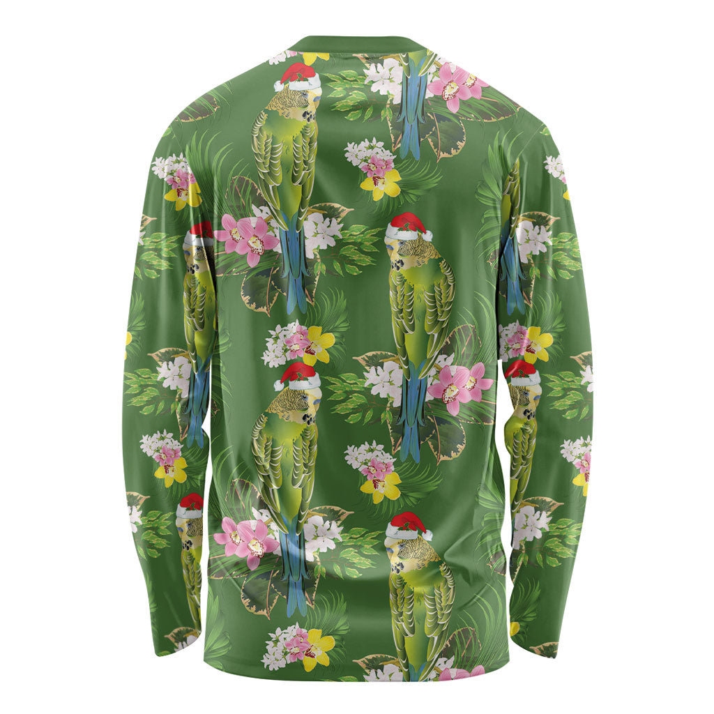 Aussie Santa Budgie Christmas Long Sleeve Shirt Green Parakeet Tropical Floral