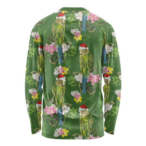 Aussie Santa Budgie Christmas Long Sleeve Shirt Green Parakeet Tropical Floral