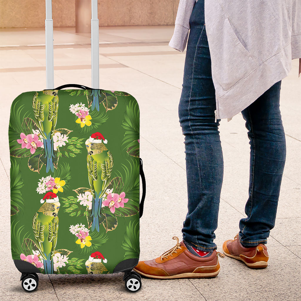 Aussie Santa Budgie Christmas Luggage Cover Green Parakeet Tropical Floral