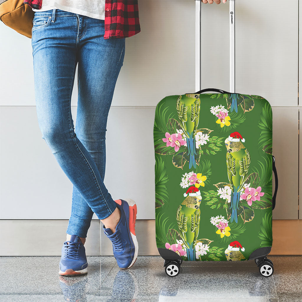Aussie Santa Budgie Christmas Luggage Cover Green Parakeet Tropical Floral
