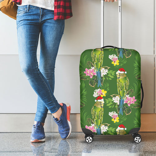 Aussie Santa Budgie Christmas Luggage Cover Green Parakeet Tropical Floral